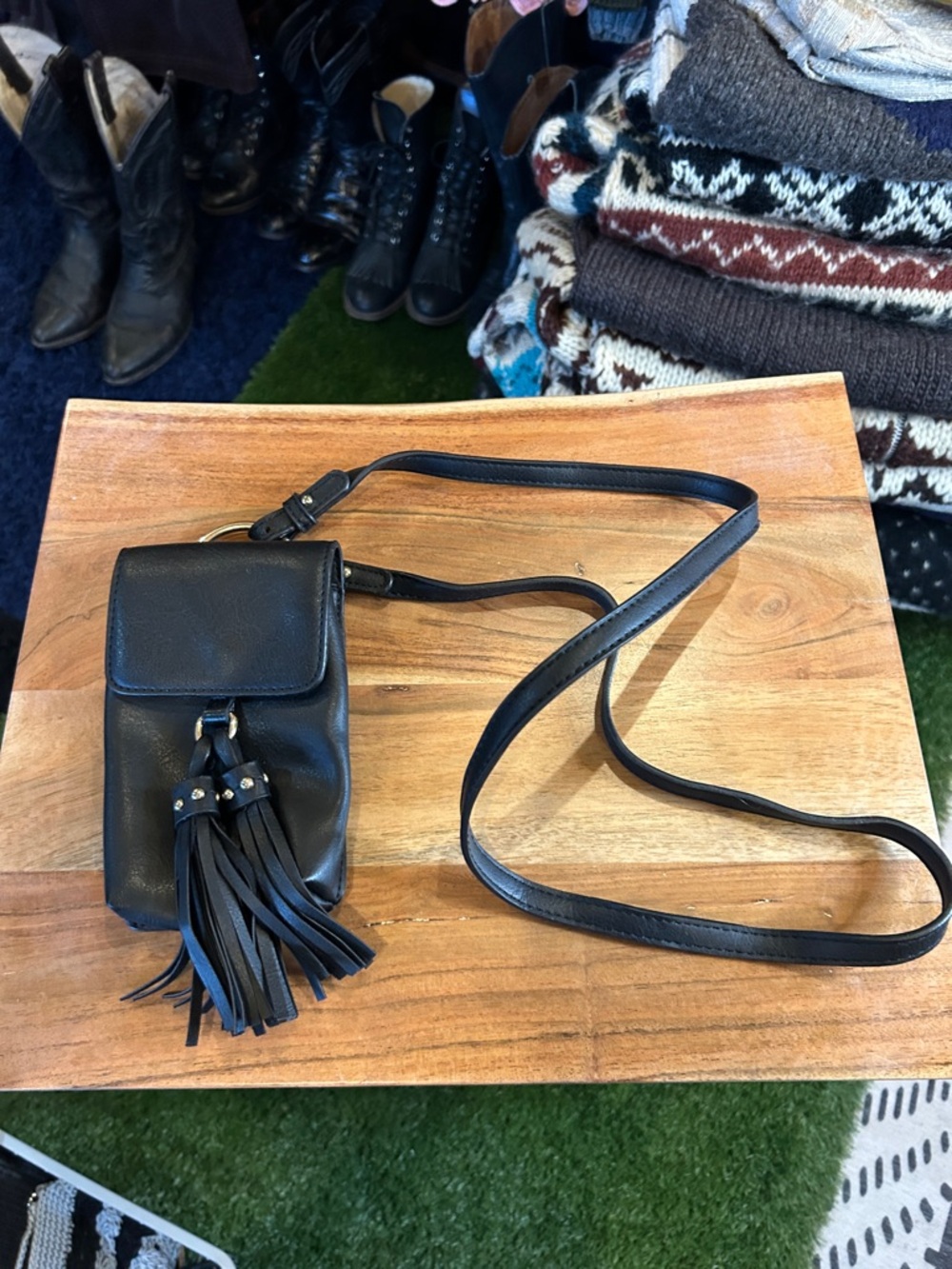 Black faux Leather Crossbody Phone Bag with Tassel